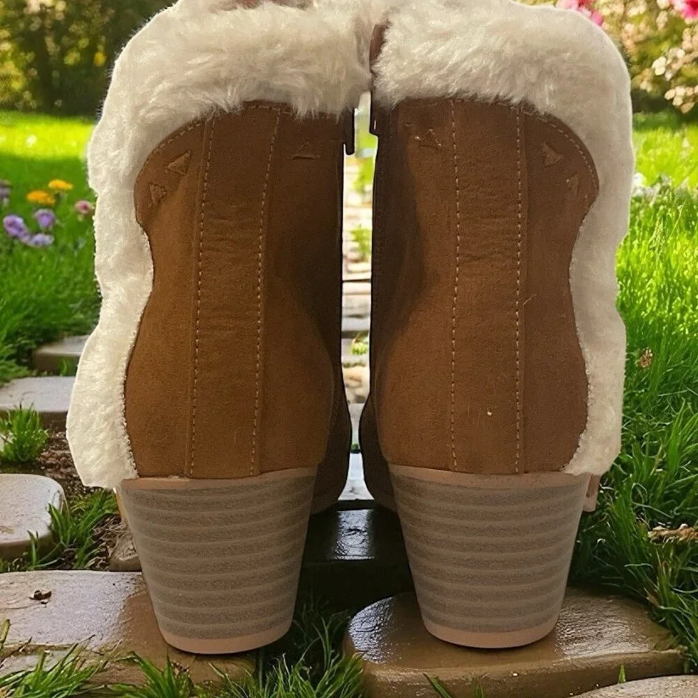 UNR8ED Coco Girls Faux Fur Ankle Boots Youth Size 13M Chestnut Trim Block Heel